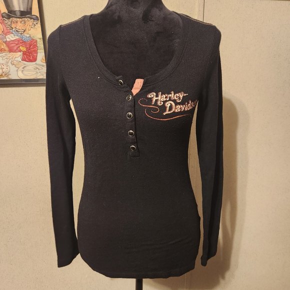 Harley Davidson Pink Black and Red Long Sleeve Woman's Top Size Small - Picture 2 of 5